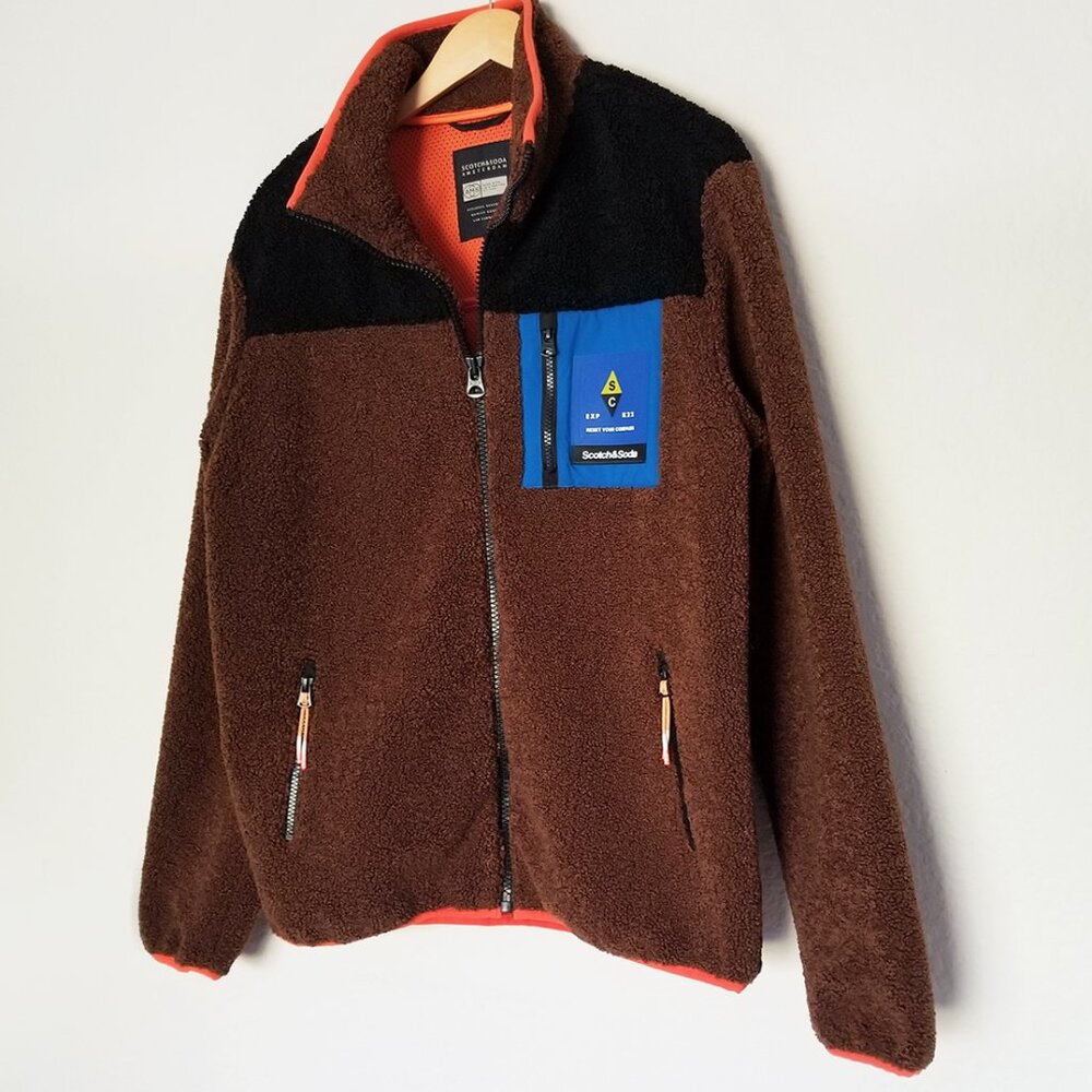 Scotch & Soda Zip-Up Color Block Teddy Fleece Jacket Brown Black Men's M $195 - Picture 6 of 16